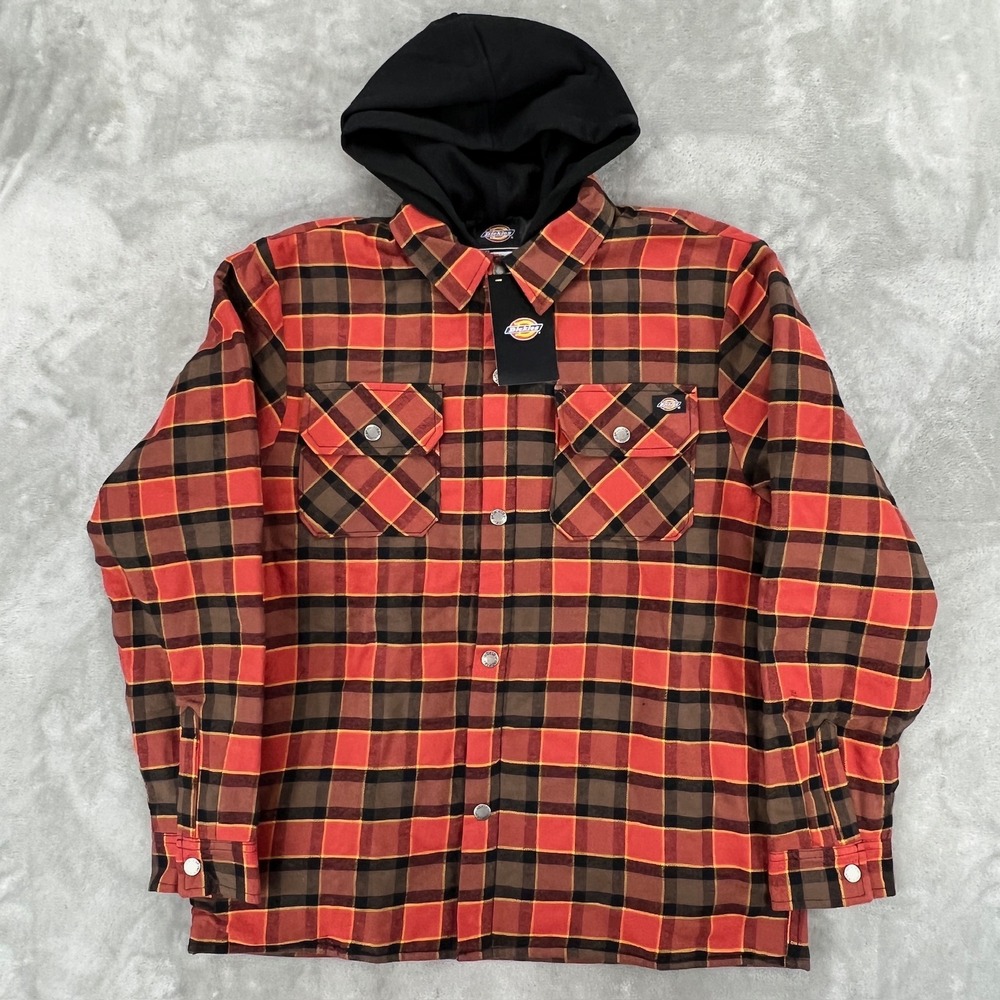 Dickies Boys XL 16Y Red Plaid Hooded Flannel Shirt Jacket Snap Front‎ NWT